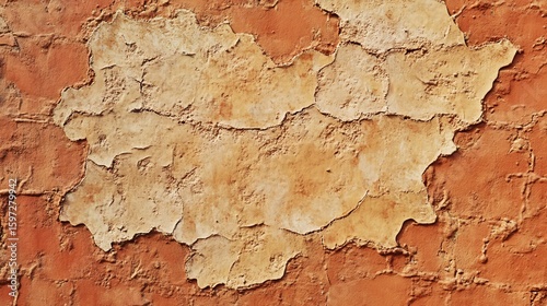 Orange painted brick wall with peeling plaster surface