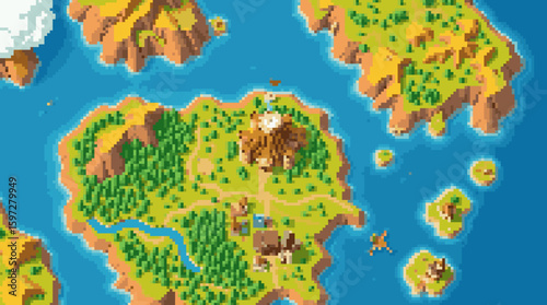 Pixelated Islands Map: Top-Down Fantasy Game World