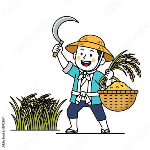 Cartoon harvesting rice or grain, harvest festival theme. Vector flat design cartoon. AI generated images.	