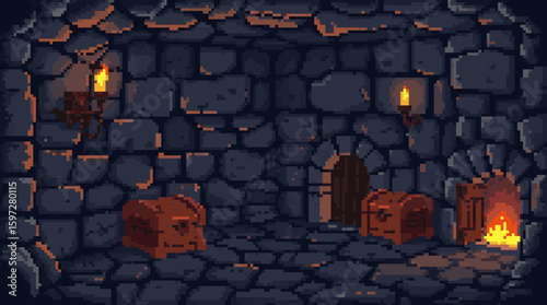Pixelated Dungeon Chamber with Treasure Chests and Burning Fire