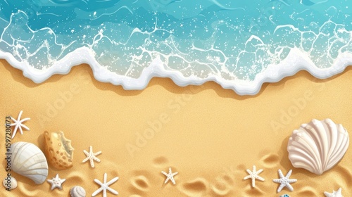 Seashore top view, summer with sand, sea water and beach background. Vector illustration