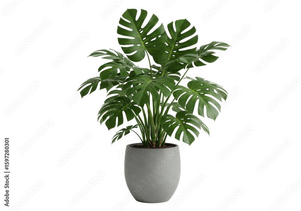 Fototapeta premium Lush green monstera plant in a modern pot, enhancing indoor decor with vibrant foliage
