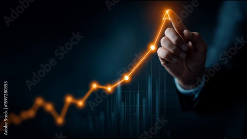 Close-up of a Hand Pointing to a Glowing Digital Graph, Symbolizing Business Growth and Financial Success