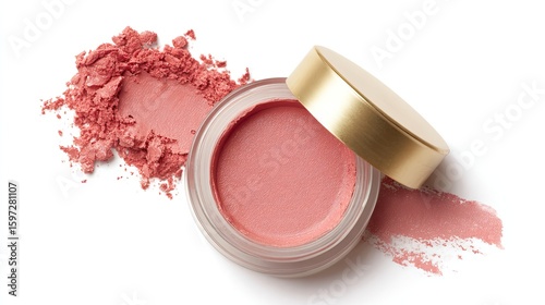 Top-down view of a jar of pink cream blush with a gold lid, alongside a swatch of the same blush powder on a white background.