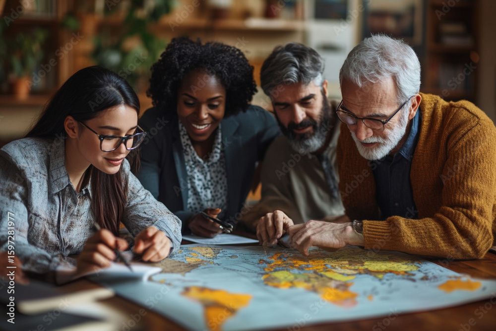 Fototapeta premium Group of diverse people planning a journey on a world map.