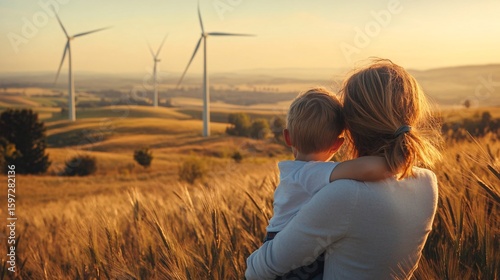 Mother and Child Embracing in Golden Field with Wind Turbines