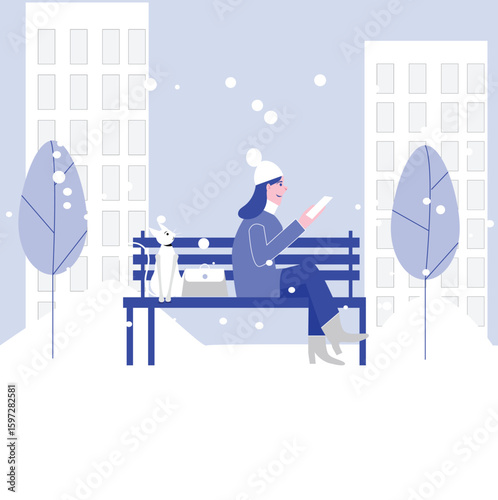 woman using a cell phone in cold outdoor environment in winter vector design clean and unique latest illustration