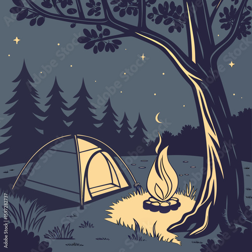 Night Camp Under the Stars: A cozy camping scene at night, under a tree. The flickering fire, tent, and a canopy of stars creates a sense of peacefulness and wonder.