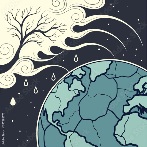 Environmental Illustration: A poignant illustration depicting a bleak scene with a leafless tree and heavy rain, above an Earth in distress, evoking themes of environmental crisis and climate change.