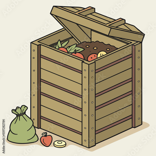 Compost Box Illustration: A detailed illustration showcases a wooden compost bin, its lid ajar, revealing layers of organic material within, accompanied by a full green bag.