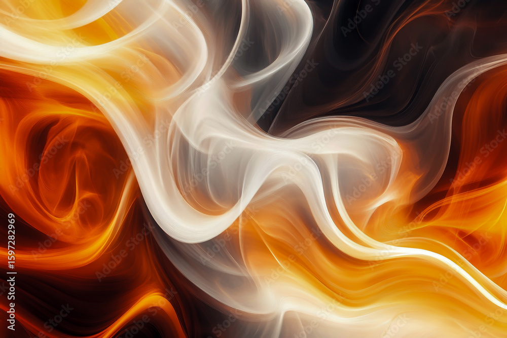 Fototapeta premium A visually striking abstract background featuring swirling smoke patterns in warm colors of orange, white, and black, creating a dynamic and atmospheric composition.