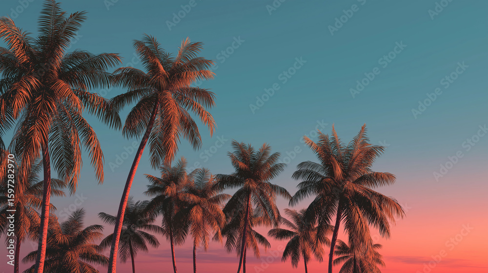 Obraz premium Palm Trees Against Colorful Sky: Witness the beauty of tropical tranquility with the silhouettes of elegant palm trees painted by the setting sun. This tranquil scene captures the essence of paradise.