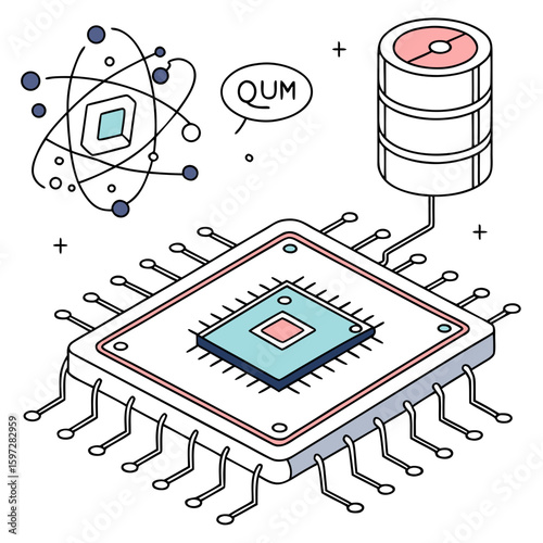 Quantum Processor: A detailed illustration of a quantum processor with components, symbolizing the innovative technologies, and the future of computation.