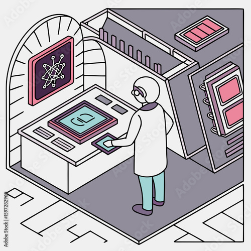 Innovative Lab Setup: A scientist, clad in a lab coat, is deeply engrossed in his work, amidst futuristic laboratory equipment. This image epitomizes scientific progress and inventive design.