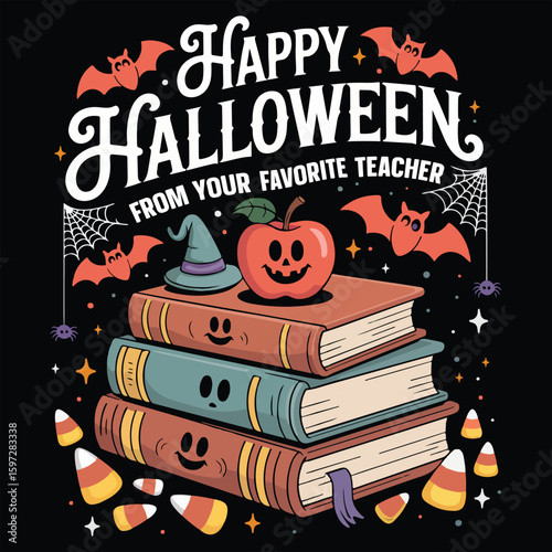Happy Halloween From Your Favorite Teacher Shirt, Spooky Halloween Teacher T-shirt Vector, Bookish Saying Tshirt, Halloween Ghost Reader Illustration, Scary Teaching School Clipart