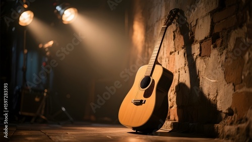 Acoustic guitar leaning against a rustic brick wall under warm stage lights