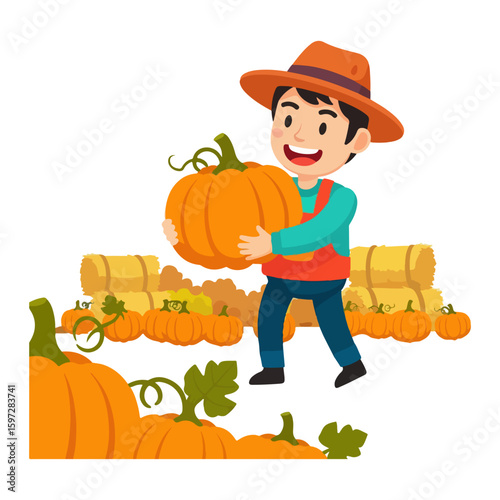 Character picking pumpkins on a farm, harvest season. Vector flat design cartoon. AI generated images.	
