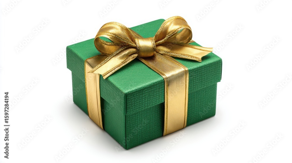 Obraz premium A vibrant green gift box adorned with a shimmering golden ribbon sits on a neutral surface, symbolizing the joy of giving during a festive gathering or special celebration.