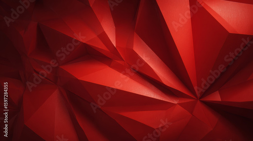 Red geometric paper texture with sharp folds and shadows creating dynamic and intense abstract background design
