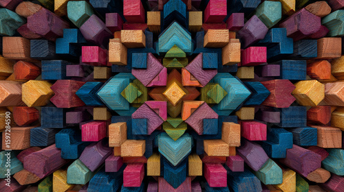 Colorful wooden blocks arranged in symmetrical pattern create vibrant and textured abstract design with rich variety of hues and shapes