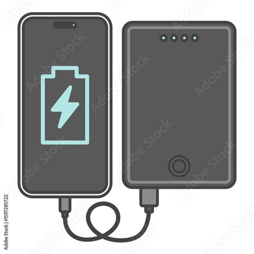 スマートフォンとUSBケーブルで接続・充電中のモバイルバッテリー、黒色・ブラック