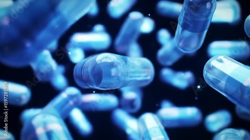 Blue capsule medicine pharmaceutical supplement healthcare floating transparent closeup modern science, blue transparent capsules float dark background representing modern medicine healthcare