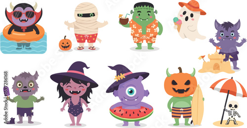 Halloween Monsters on Holiday A delightful illustration captures a playful scene where Halloween monsters are joyfully spending a holiday, each one embracing summer fun.