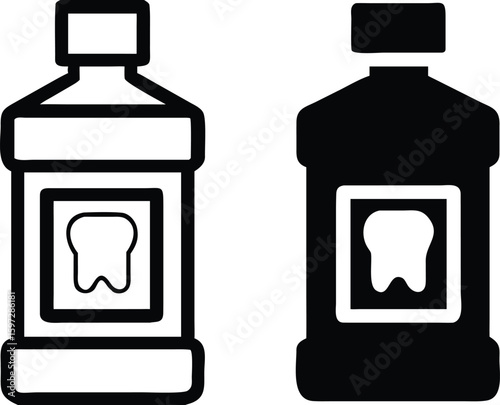 Mouthwash icons. Black and White Vector Icons. Mouthwash Bottle with Tooth on Label. Dental Care. Medicine and Dentistry Concept
