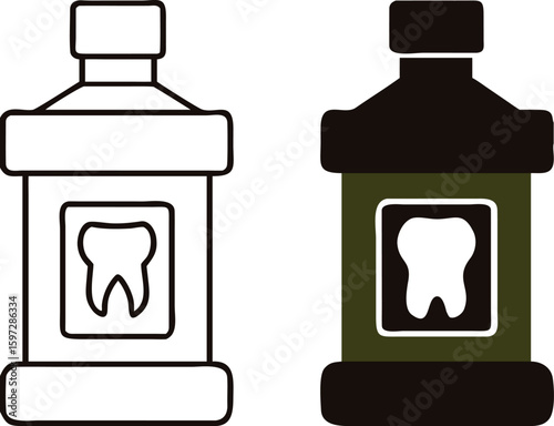 Mouthwash icons. Black and White Vector Icons. Mouthwash Bottle with Tooth on Label. Dental Care. Medicine and Dentistry Concept
