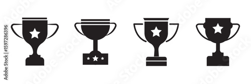 Black silhouette of a champion trophy with three stars on a white background