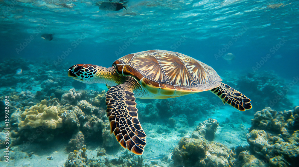 Obraz premium Majestic Sea Turtle Swimming Freely in Ocean Water near Coral Reefs