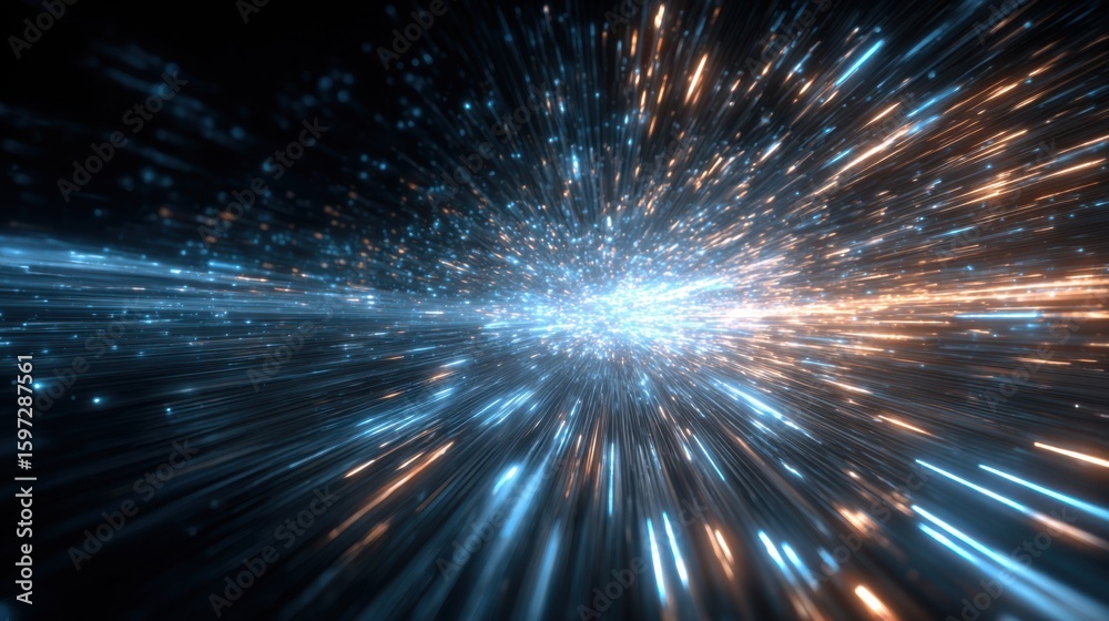 Fototapeta premium Bright streaks of blue and orange light radiate outward, simulating energy and motion in a vibrant, cosmic backdrop. The interplay of colors suggests a dynamic journey through space.