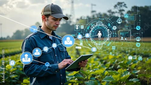 Modern Agriculture: Farmer Analyzing Data on Tablet with Digital Technology Overlay for Precision