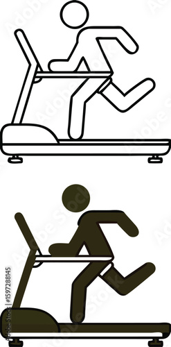 Treadmill Icons. Black and White Vector Drawings. Athlete Runs on Treadmill. Sports Equipment, Workout. Gym and Sports Concept