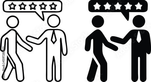 Review Icons. Black and White Vector Illustration. Man Gives Good Recommendation To Another Person. Analysis, Evaluation, Comment, or Discussion About Something. Influencer Concept
