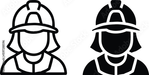 Female Firefighter Icon Set - Black and White Emergency Responder Vector Illustration