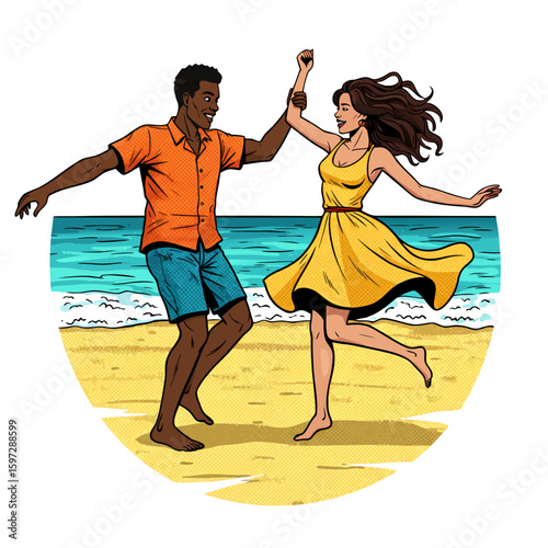 Young couple dancing joyfully on the beach by the ocean  