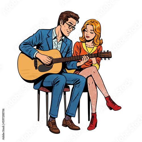 Young couple sitting and playing guitar together in relaxed atmosphere  