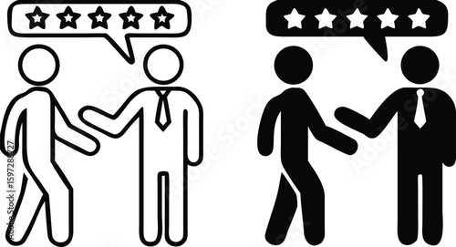 Review Icons. Black and White Vector Illustration. Man Gives Good Recommendation To Another Person. Analysis, Evaluation, Comment, or Discussion About Something. Influencer Concept
