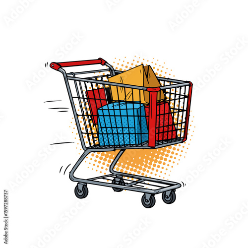 Cartoon shopping cart filled with colorful packages moving quickly  