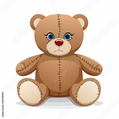 Worn toy with missing eye and frayed edges, a metaphor for childhood trauma and emotional vulnerability.