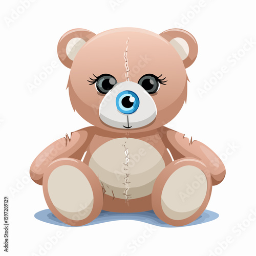 Worn toy with missing eye and frayed edges, a metaphor for childhood trauma and emotional vulnerability.