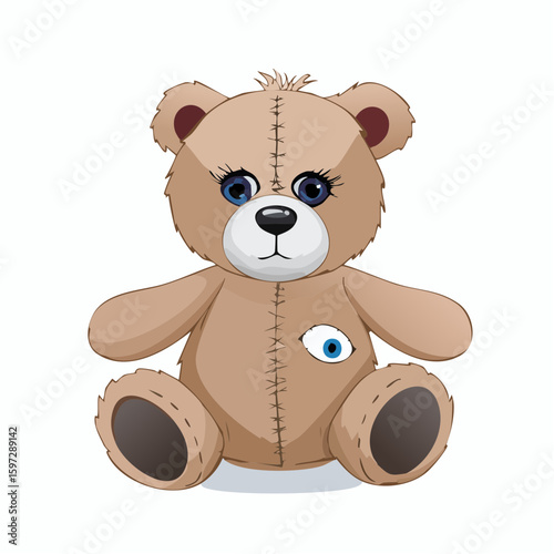 Worn toy with missing eye and frayed edges, a metaphor for childhood trauma and emotional vulnerability.