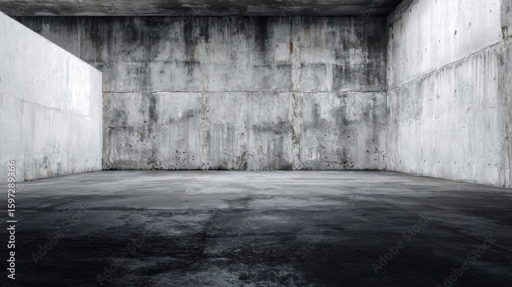 Obraz premium A large, empty concrete room showcases rough, textured walls and a minimalist aesthetic. Natural light filters in through a narrow opening, enhancing the industrial atmosphere.
