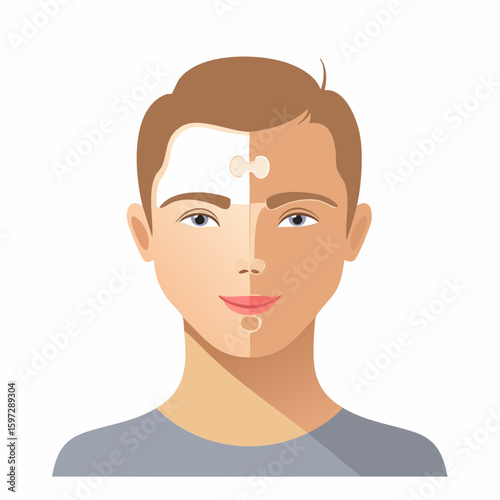 Face with puzzle gaps, a metaphor for emotional trauma, broken identity, and psychological loss.