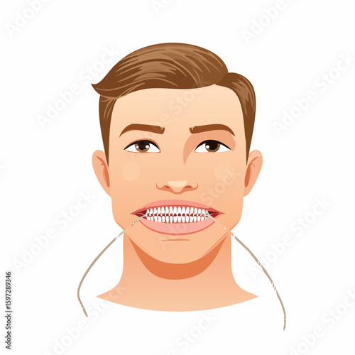Mouth sewn closed with thread, a raw symbol of trauma, repression, and silenced expression in vector metaphor.