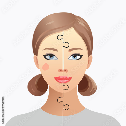 Face with puzzle gaps, a metaphor for emotional trauma, broken identity, and psychological loss.