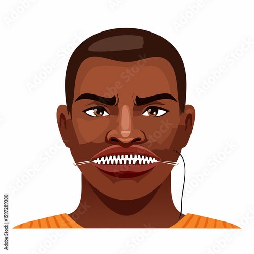 Mouth sewn closed with thread, a raw symbol of trauma, repression, and silenced expression in vector metaphor.