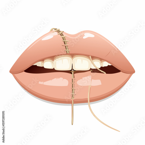 Mouth sewn closed with thread, a raw symbol of trauma, repression, and silenced expression in vector metaphor.