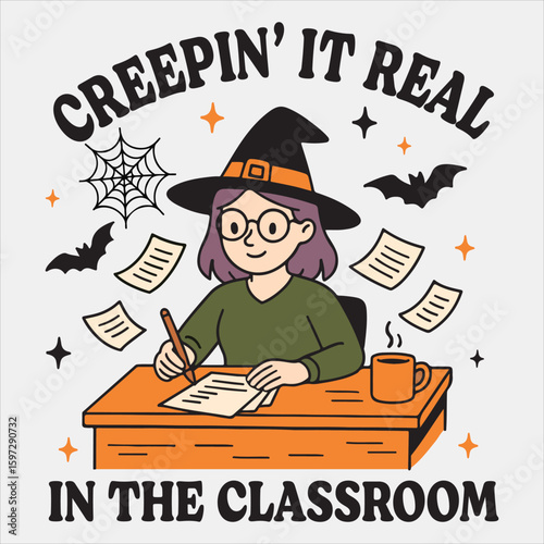 Creepin It Real in the Classroom Shirt, Spooky Halloween Teacher T-shirt Vector, Bookish Saying Tshirt, Halloween Ghost Reader Illustration, Scary Teaching School Clipart